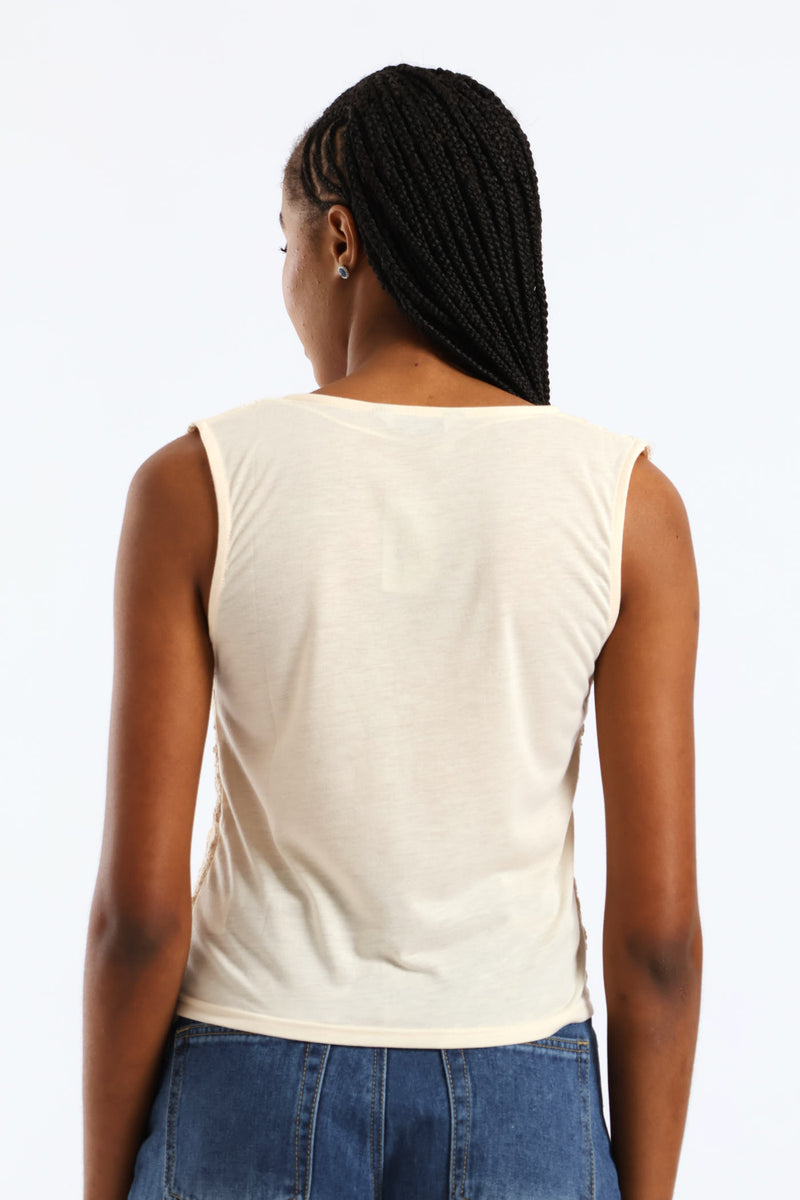 Tie Front Crochet Waistcoat - Cream
