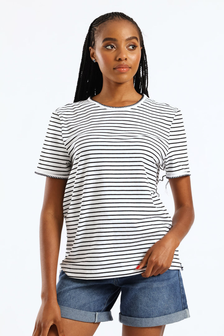 Contrast Blanket Stitch Crew Neck Boxy Tee - Black/White