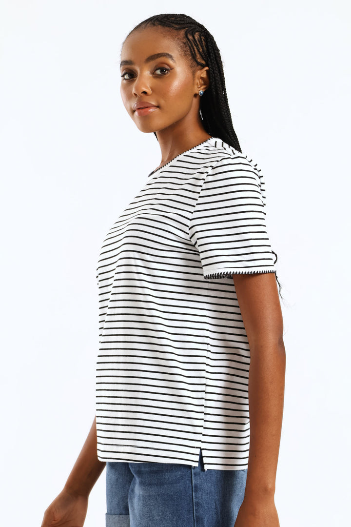 Contrast Blanket Stitch Crew Neck Boxy Tee - Black/White