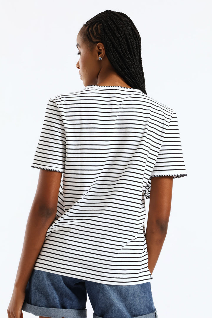 Contrast Blanket Stitch Crew Neck Boxy Tee - Black/White