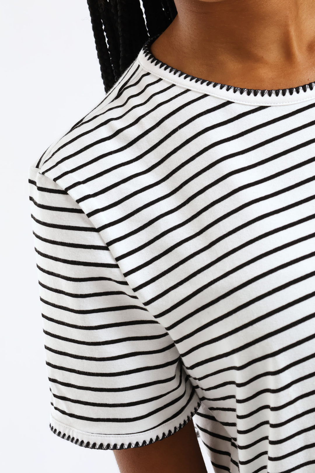 Contrast Blanket Stitch Crew Neck Boxy Tee - Black/White