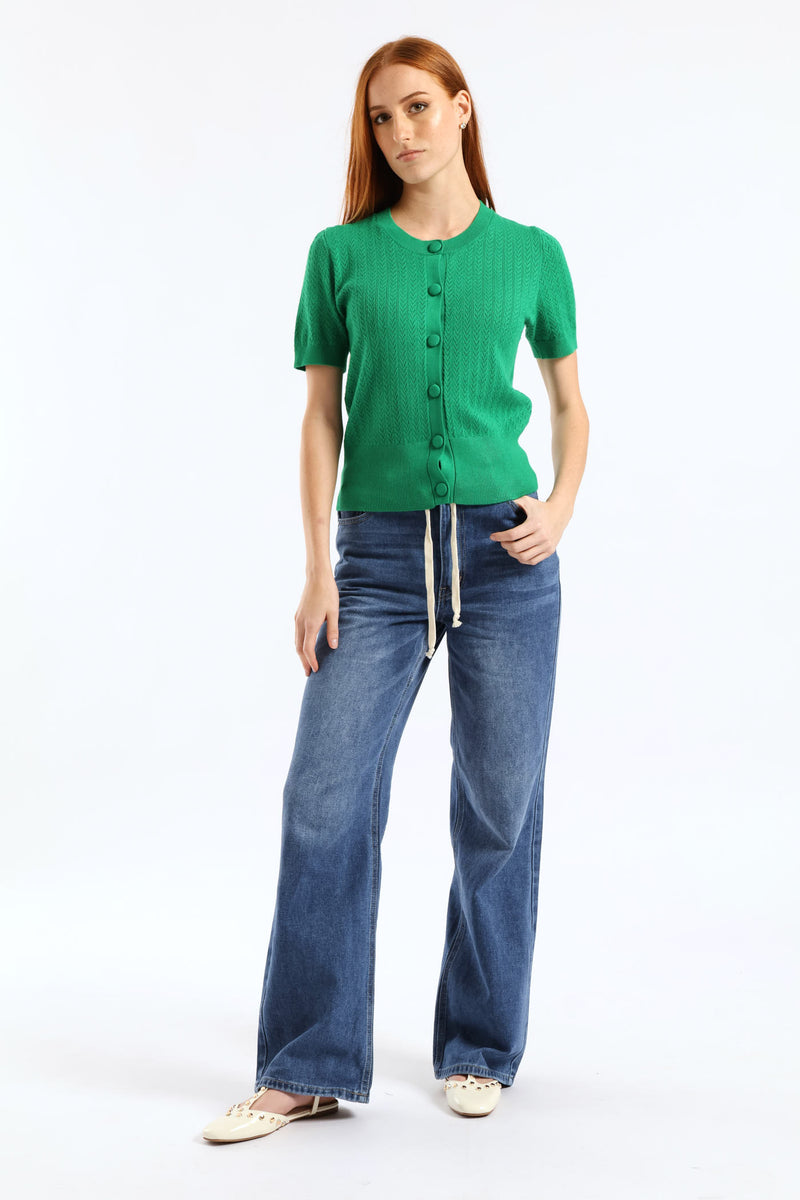 Hi Waist Drawcord Wide Leg Denim - Dark Wash