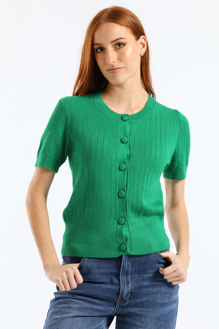 Button Through Pointelle Knitwear Top - Emerald