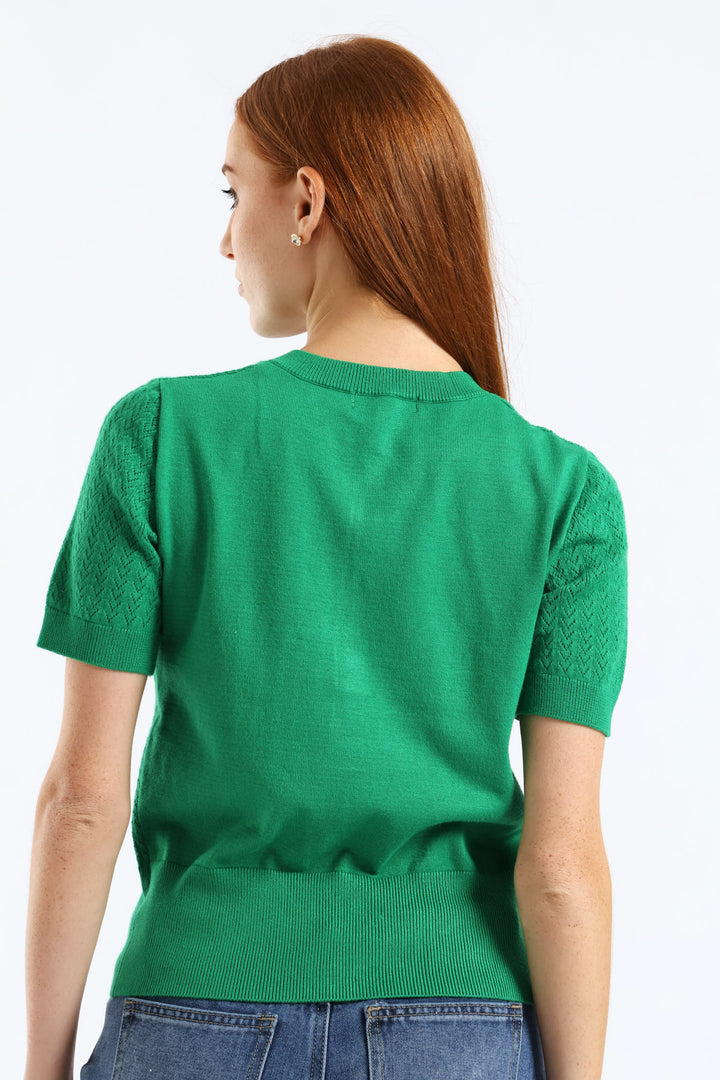 Button Through Pointelle Knitwear Top - Emerald