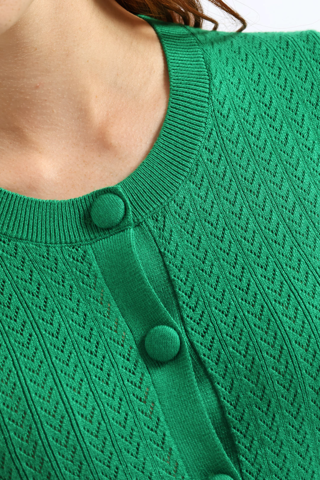 Button Through Pointelle Knitwear Top - Emerald