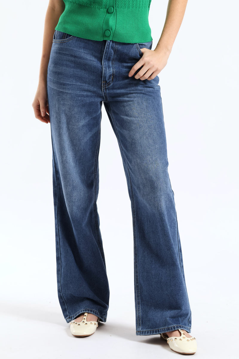 Hi Waist Drawcord Wide Leg Denim - Dark Wash