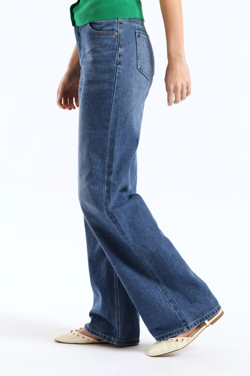 Hi Waist Drawcord Wide Leg Denim - Dark Wash
