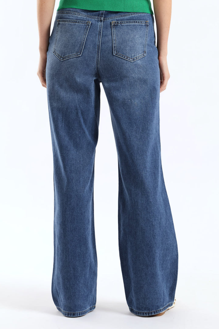 Hi Waist Drawcord Wide Leg Denim - Dark Wash