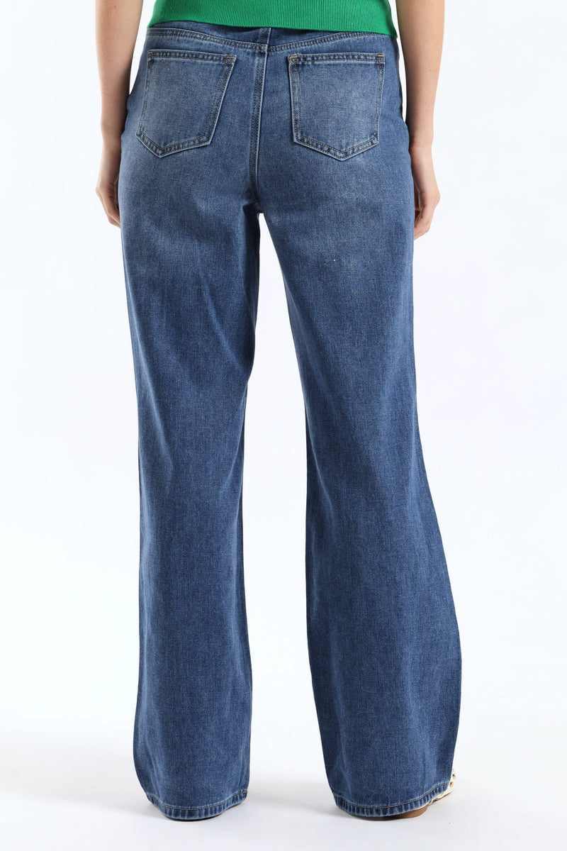 Hi Waist Drawcord Wide Leg Denim - Dark Wash