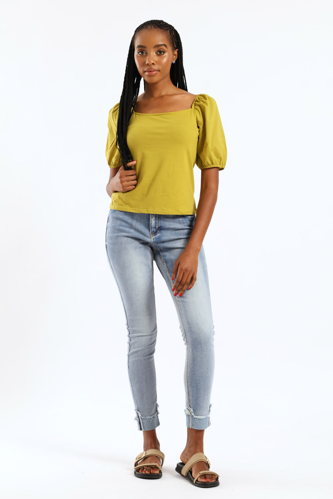 Hi Waist Mid Rise Turnup Skinny Denim - Light Wash