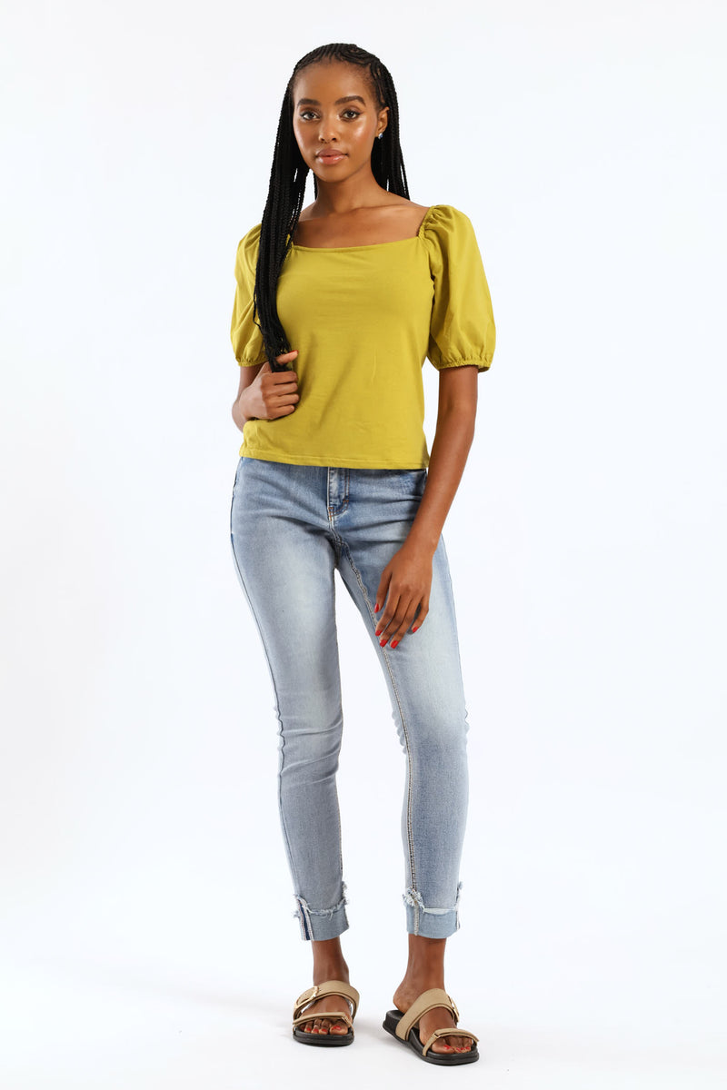 Hi Waist Mid Rise Turnup Skinny Denim - Light Wash