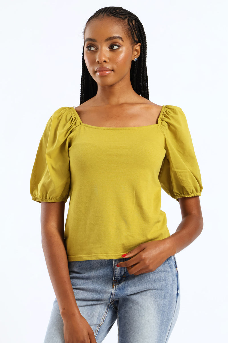 Puff Sleeve Square Neck Combo Fitted Tee - Chartreuse
