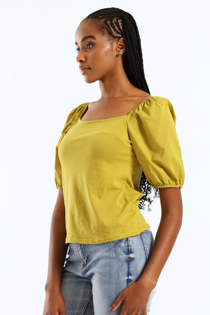Puff Sleeve Square Neck Combo Fitted Tee - Chartreuse