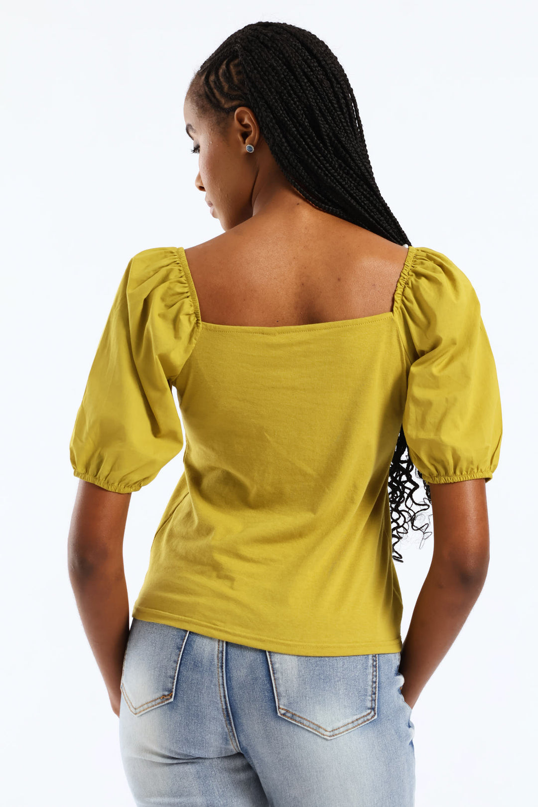 Puff Sleeve Square Neck Combo Fitted Tee - Chartreuse