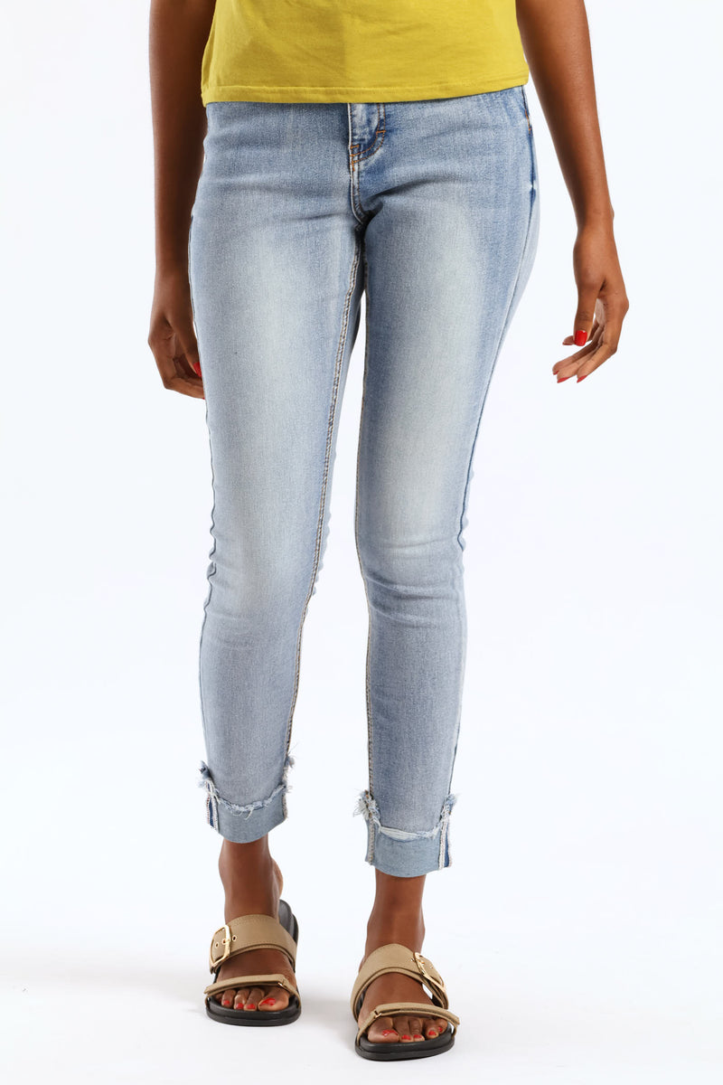 Hi Waist Mid Rise Turnup Skinny Denim - Light Wash