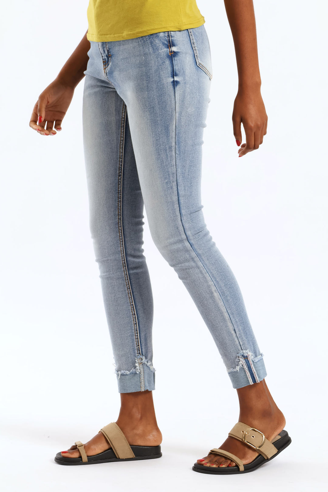 Hi Waist Mid Rise Turnup Skinny Denim - Light Wash