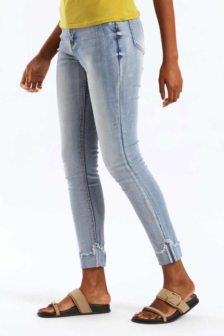 Hi Waist Mid Rise Turnup Skinny Denim - Light Wash