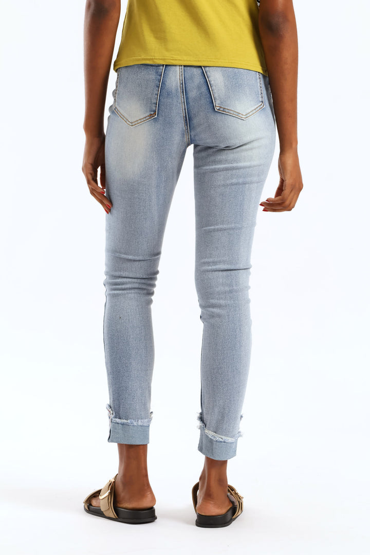 Hi Waist Mid Rise Turnup Skinny Denim - Light Wash