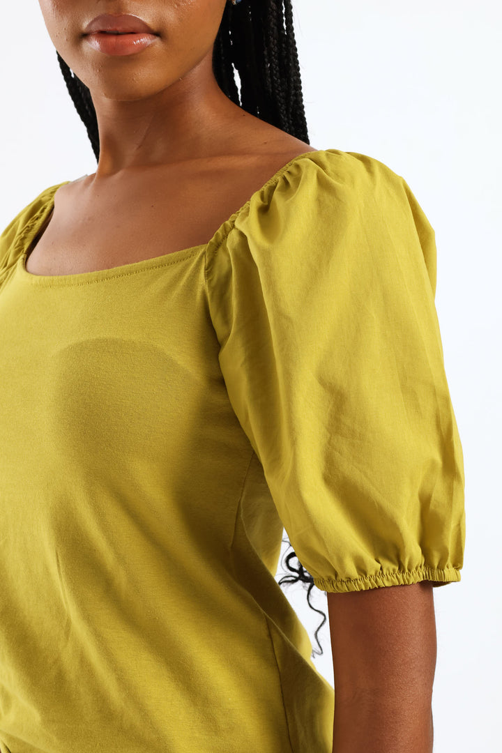 Puff Sleeve Square Neck Combo Fitted Tee - Chartreuse