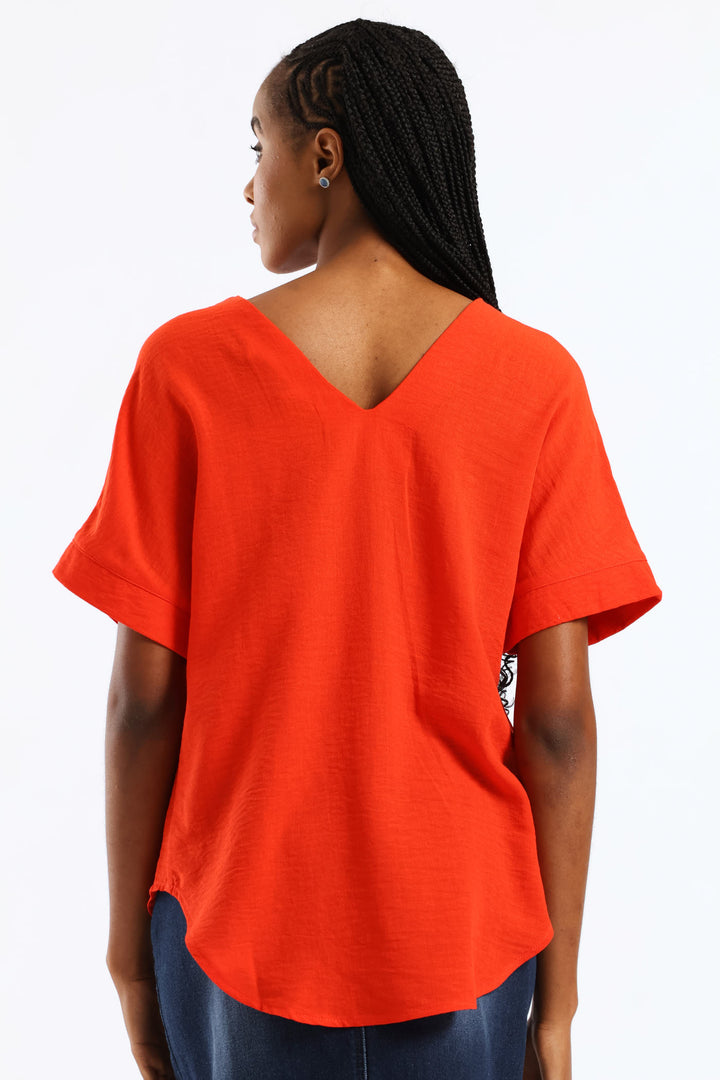 V-Neck Pleat Detail Curved Hem Linen Popover Top - Fiery Red