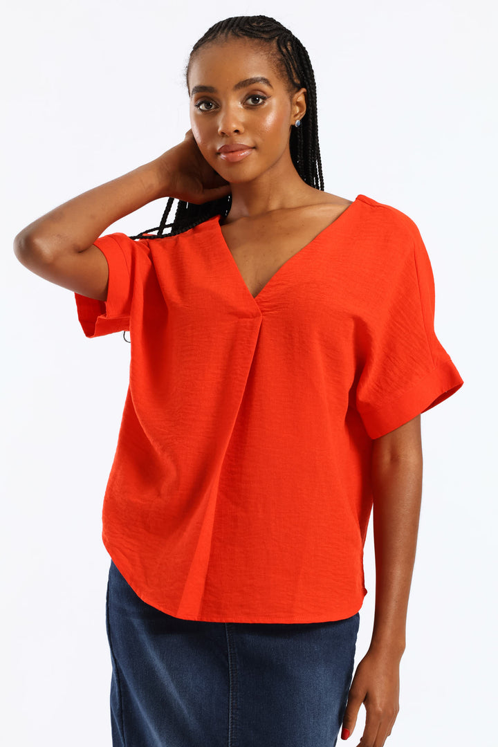 V-Neck Pleat Detail Curved Hem Linen Popover Top - Fiery Red
