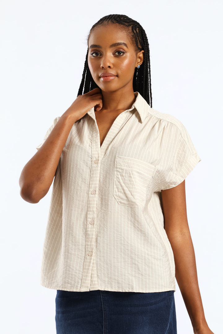 Cutaway Gauged Yoke Shirt - Stone/White