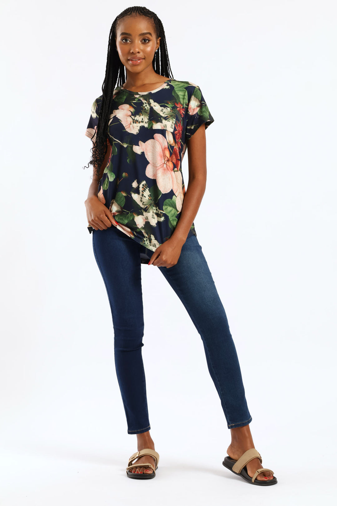 Floral Printed Pocket Tee - Navy