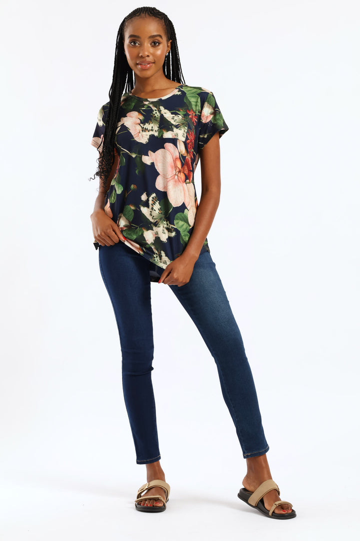 Floral Printed Pocket Tee - Navy
