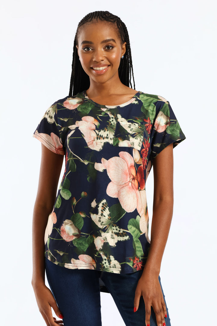 Floral Printed Pocket Tee - Navy