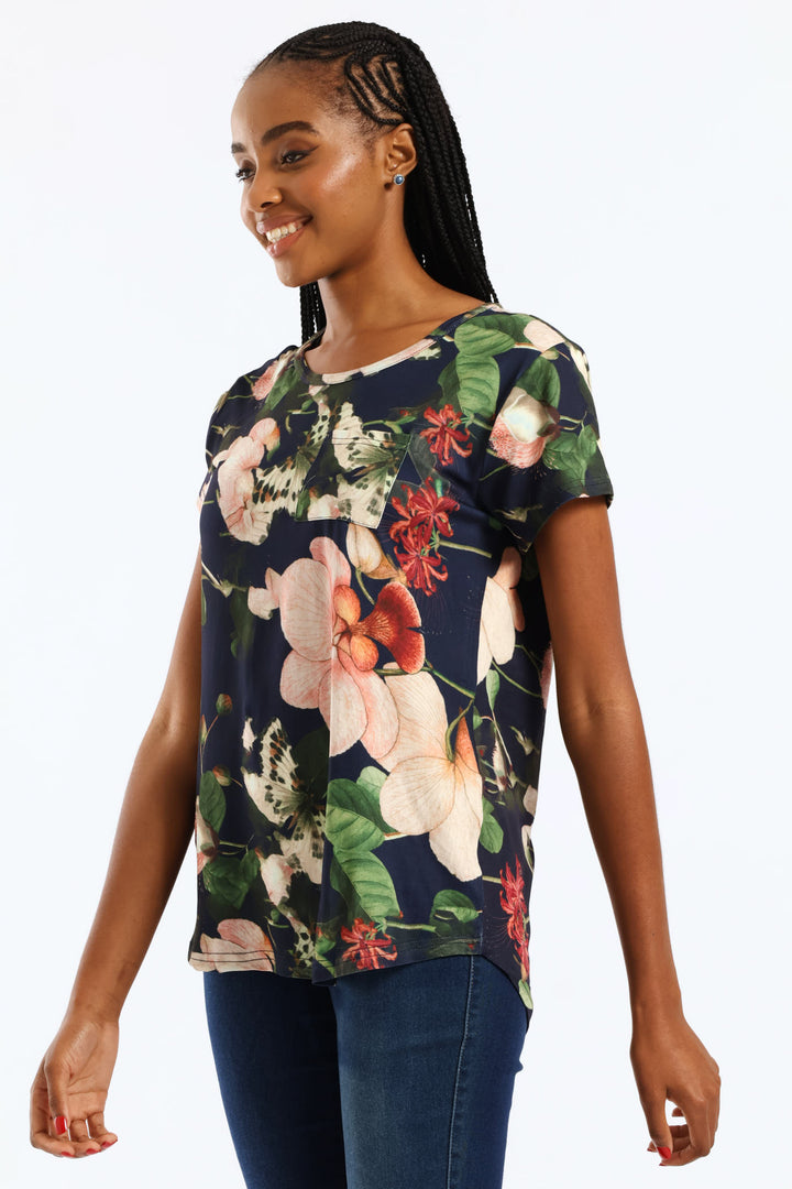 Floral Printed Pocket Tee - Navy