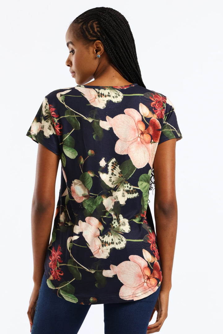 Floral Printed Pocket Tee - Navy