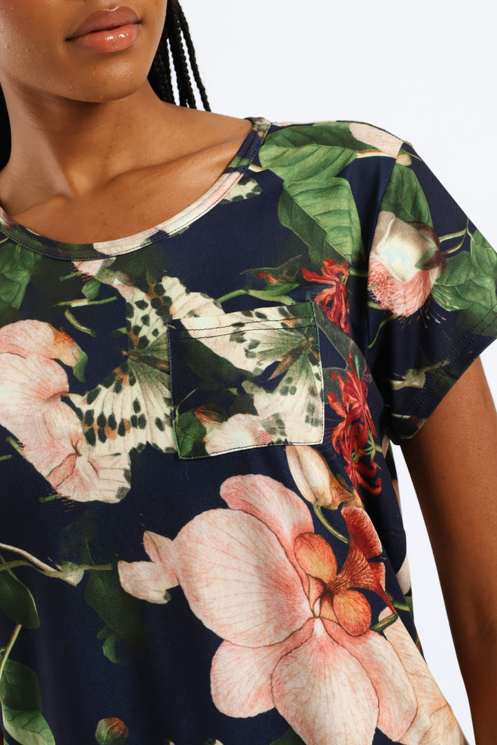 Floral Printed Pocket Tee - Navy