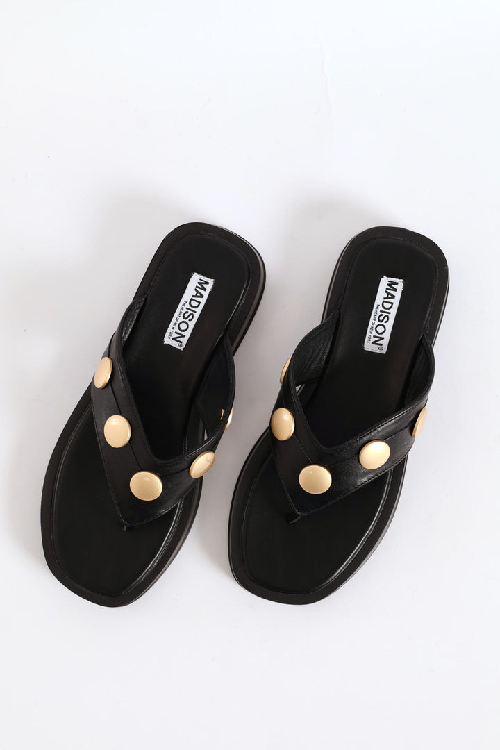 Gold Button Detail Thong Sandal - Black