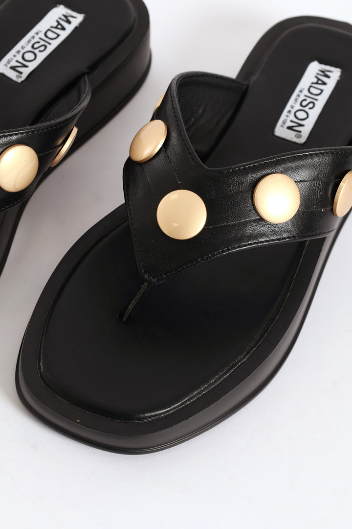 Gold Button Detail Thong Sandal - Black