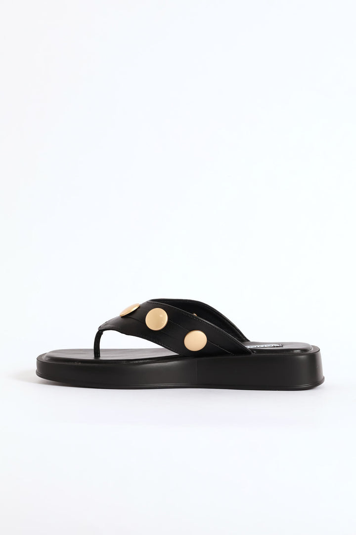 Gold Button Detail Thong Sandal - Black