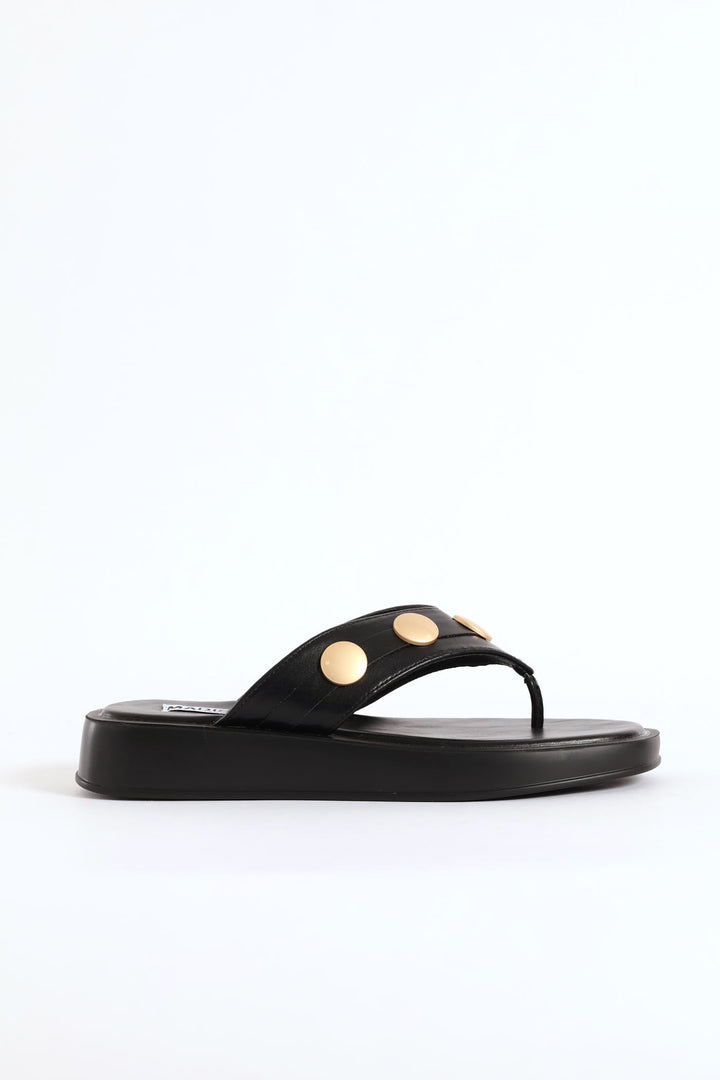 Gold Button Detail Thong Sandal - Black