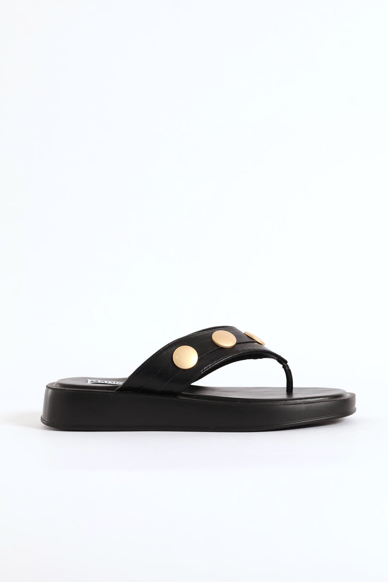 Gold Button Detail Thong Sandal - Black