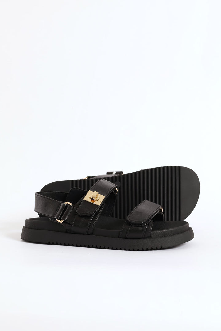 Mona Backstrap Buckle Leather Sandal - Black