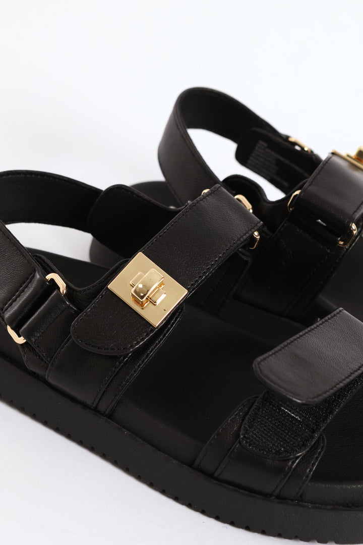 Mona Backstrap Buckle Leather Sandal - Black
