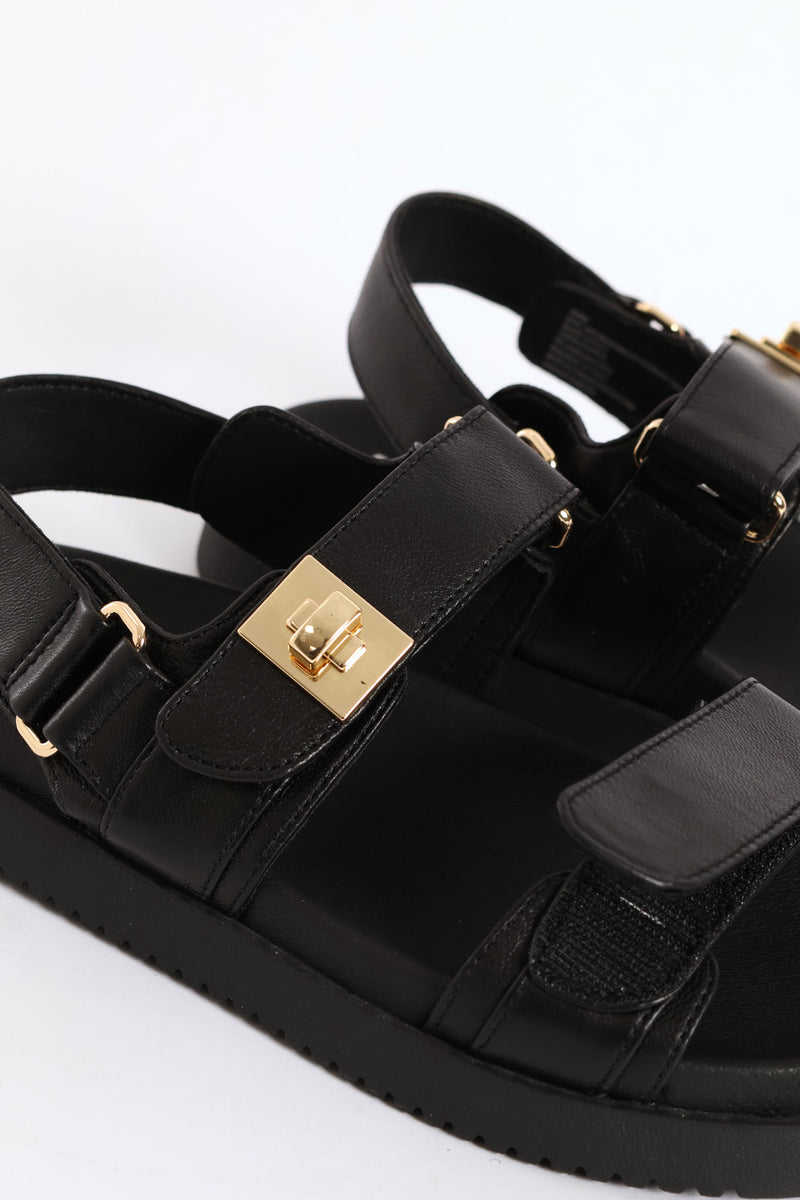 Mona Backstrap Buckle Leather Sandal - Black