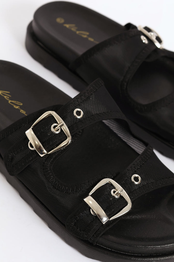 Double Band Buckle Detail Mesh Slide - Black