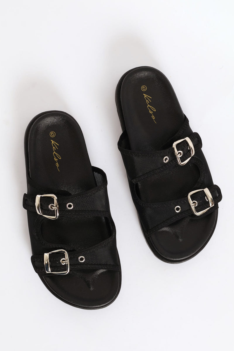 Double Band Buckle Detail Mesh Slide - Black