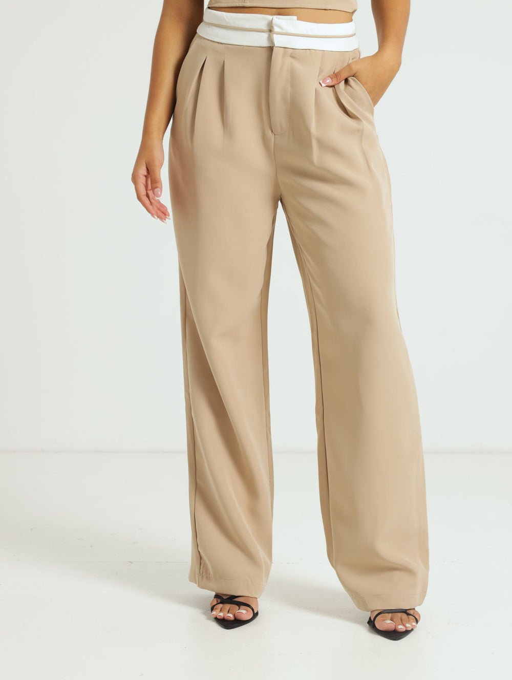 Contrast Waistband Tuxedo Pants - Caramel