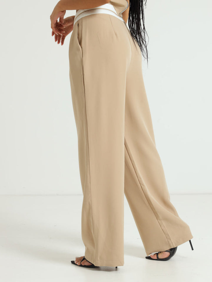 Contrast Waistband Tuxedo Pants - Caramel