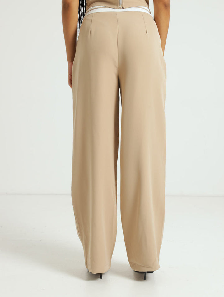 Contrast Waistband Tuxedo Pants - Caramel
