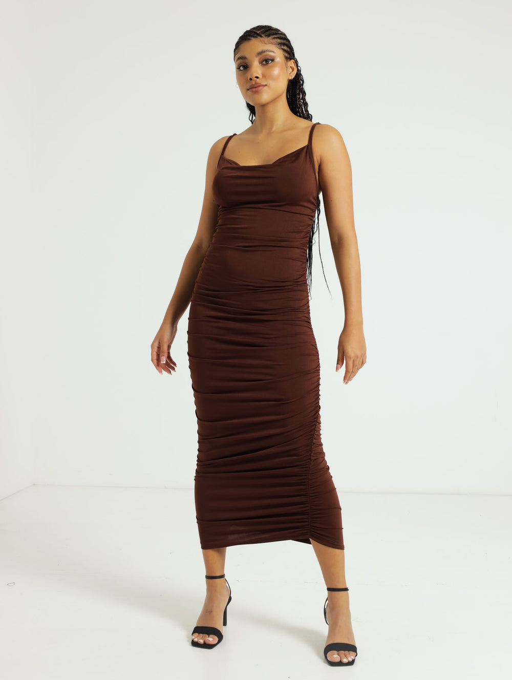 Ruched Side Bodycon Dress - Brown