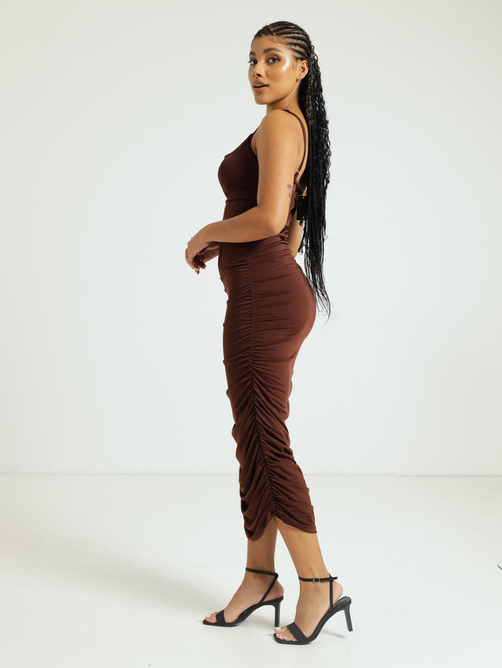 Ruched Side Bodycon Dress - Brown