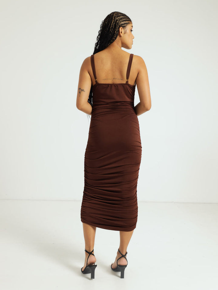 Ruched Side Bodycon Dress - Brown