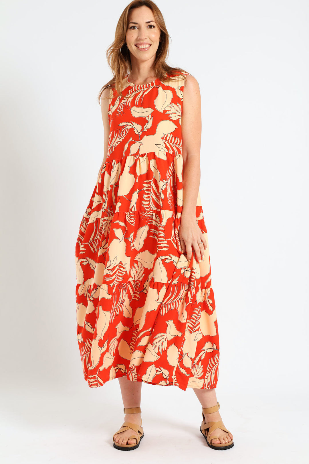 Multi Tiered Poplin Midi Dress - Orange