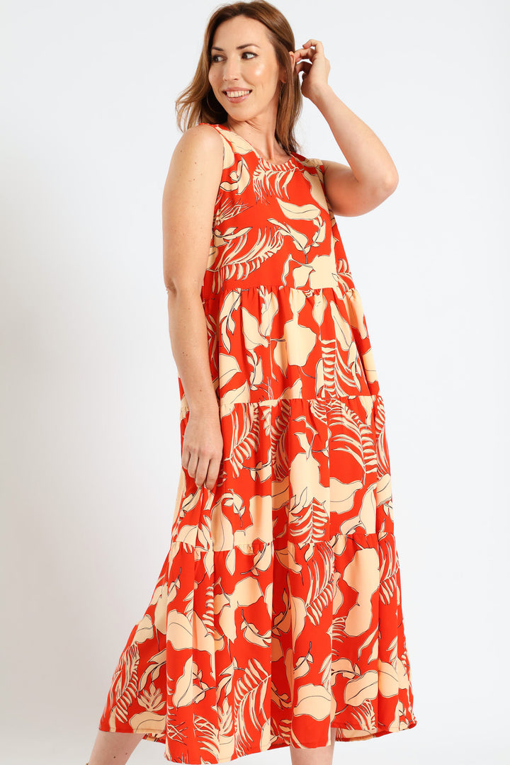Multi Tiered Poplin Midi Dress - Orange